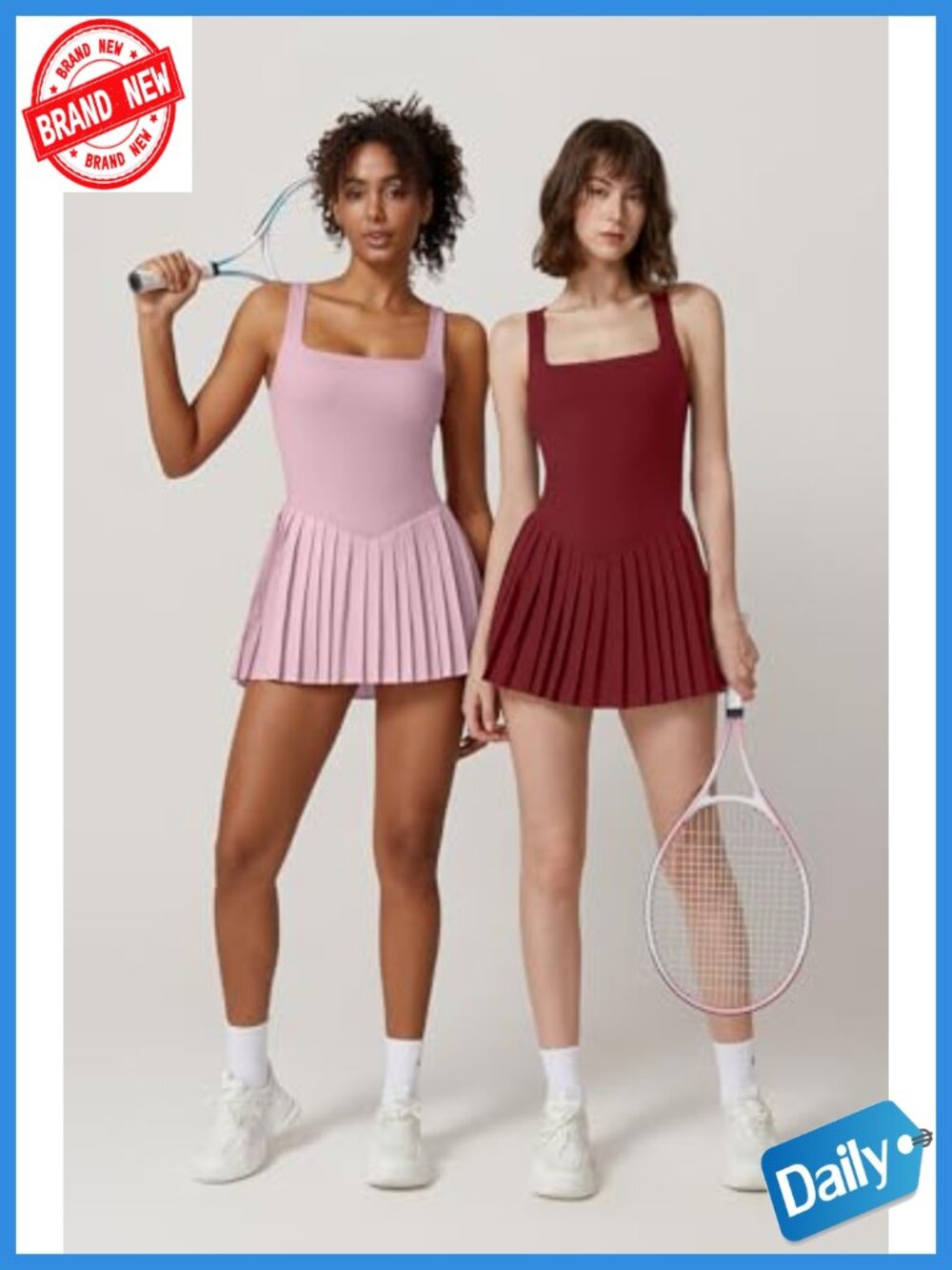 Women's Sleeveless Square Neck Pleated Tennis Dress with Built-in Shorts, - Picture 2 of 5